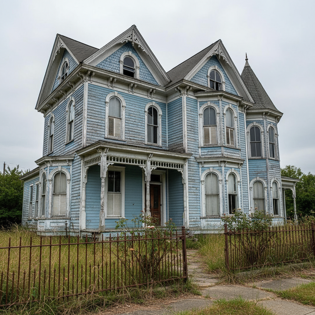 Weathered blue house before restoration