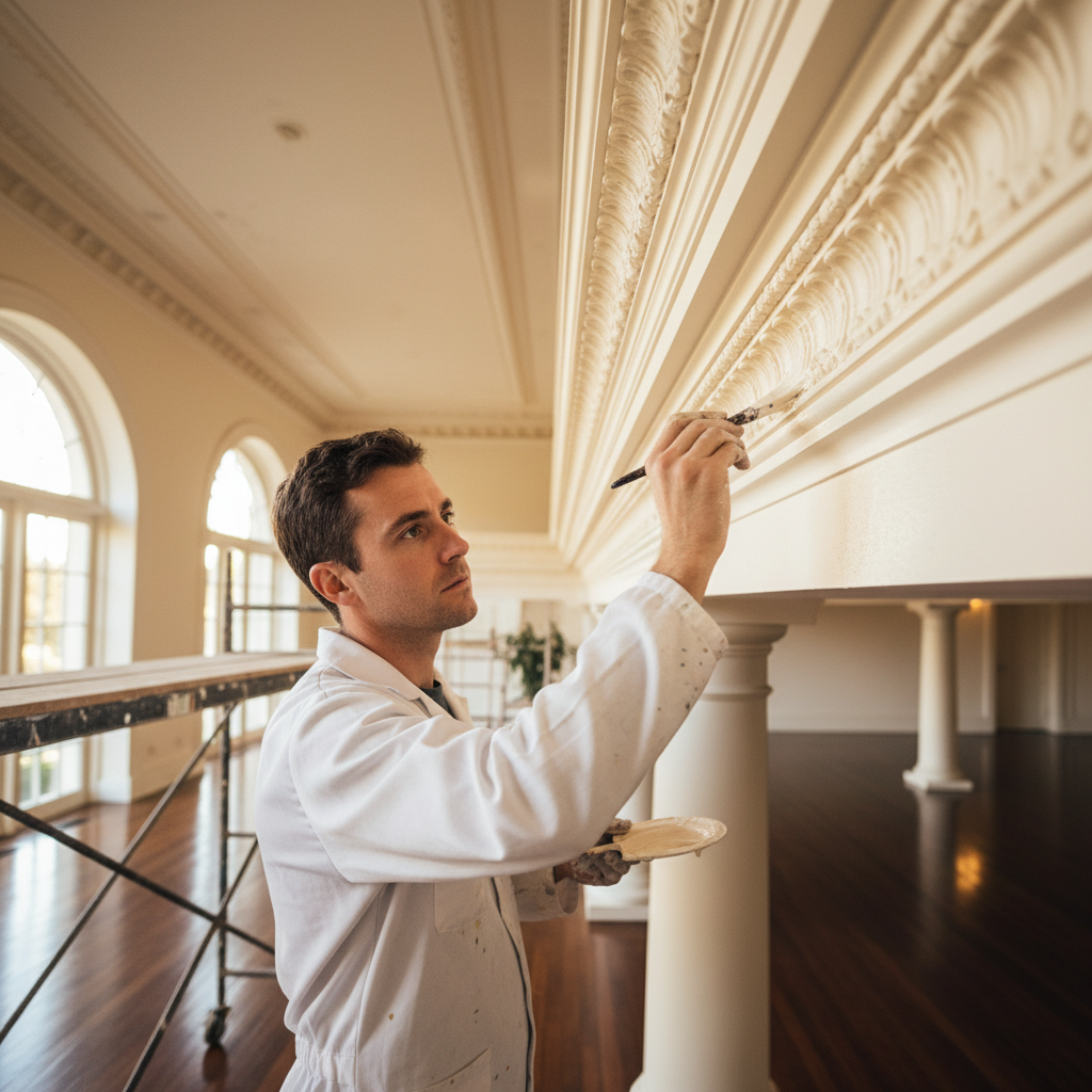 A painter carefully finishing interior trim beside a window