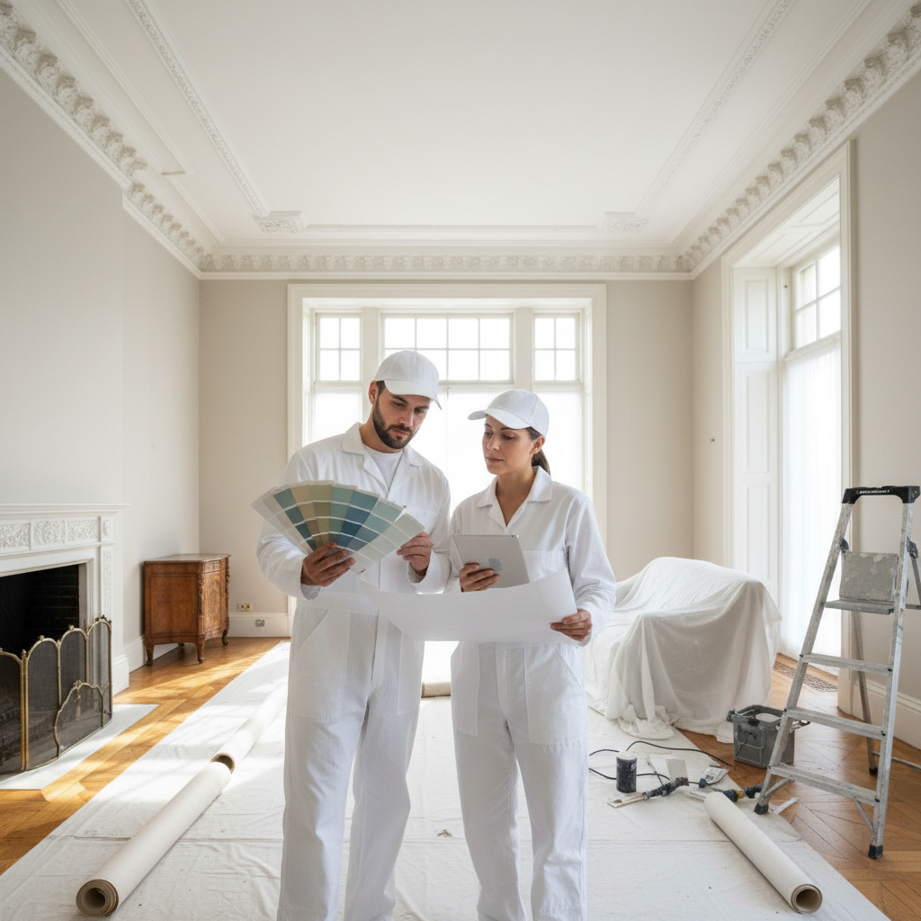Two painters reviewing a room together